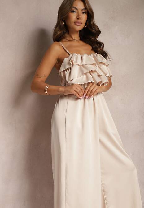 Beżowy Koktajlowy Kombinezon na Ramiączkach z Regulacją i Gumką w Talii Uesvia