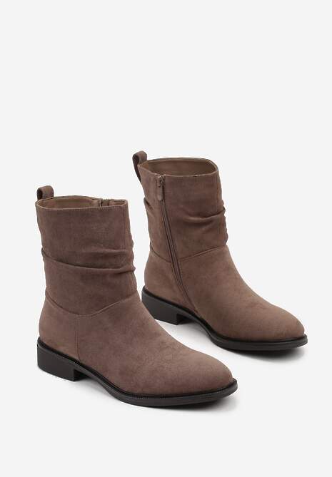 Ciemnobeżowe Botki z Marszczoną Cholewką do Kostki Ilomira