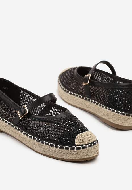 Czarne Espadryle Ozdobione Plecionką i Ażurową Cholewką Rinelona