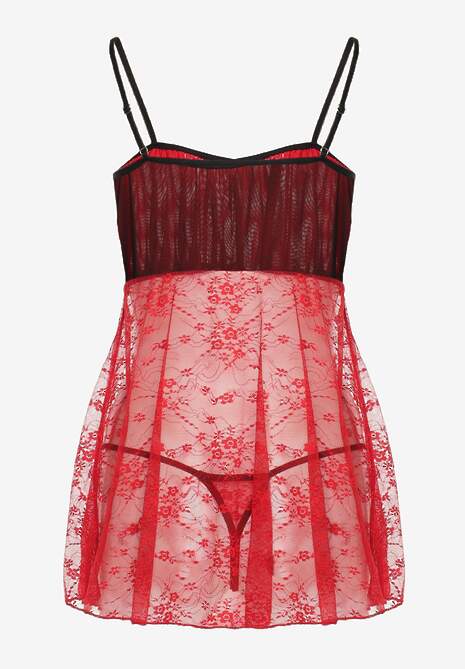 Bordowa Koronkowa Koszula Nocna i Stringi z Kokardą Ericana