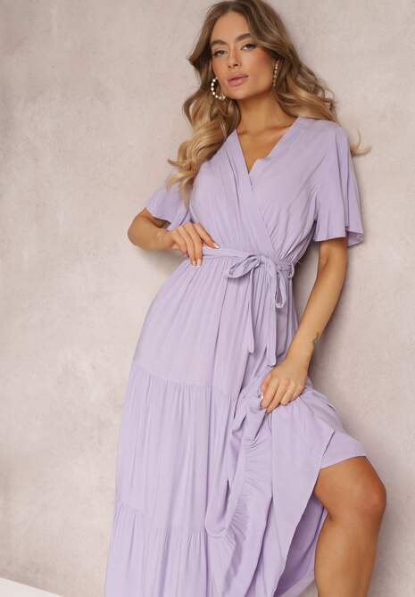 Fioletowa Rozkloszowana Sukienka z Falbanką i Wiązanym Paskiem Adotine