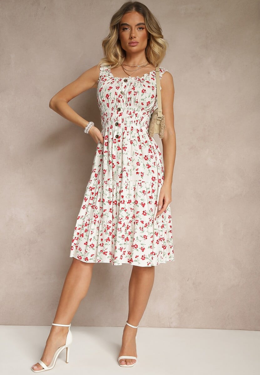 Biało-Czerwona Rozkloszowana Sukienka na Ramiączkach w Kwiatowy Print Xallio