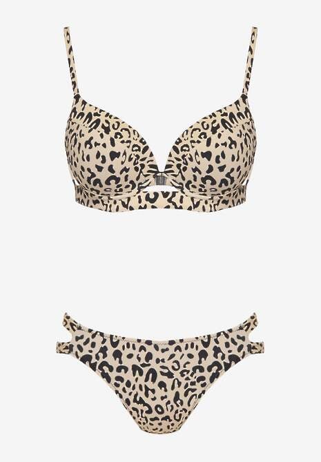 Beżowe Bikini w Panterkowy Wzór Biustonosz i Majtki Figi Zdobione Wycięciami Savrienne
