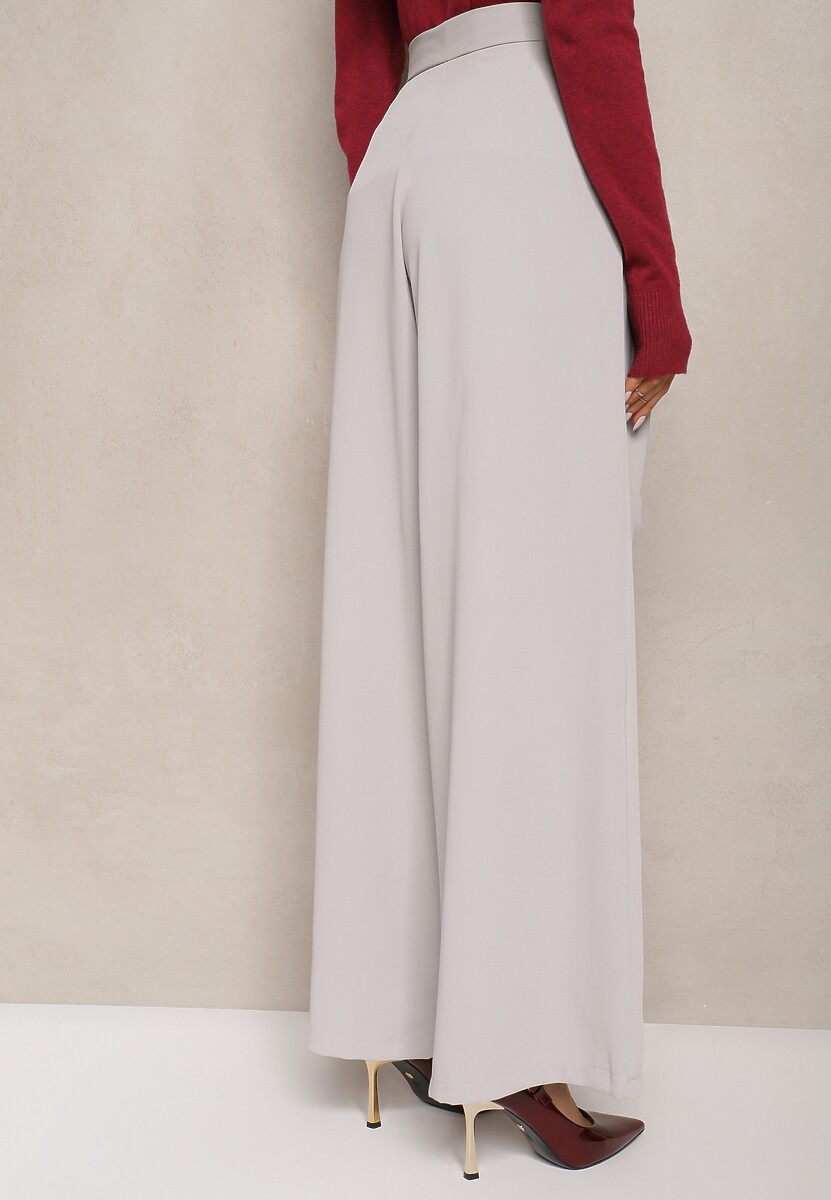 Szare Eleganckie Spodnie w Garniturowym Stylu High Waist Ozdobione Paskiem w Talii Wenelsea