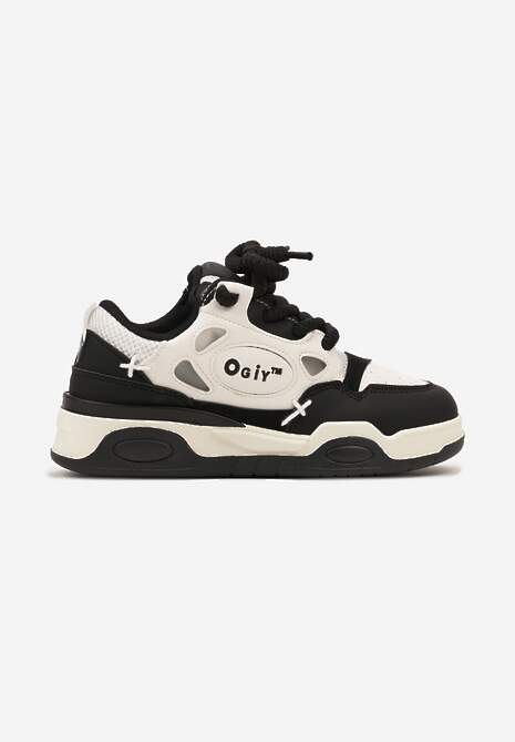 Czarno-Białe Sneakersy na Płaskiej Podeszwie Ozdobione Szerokimi Sznurówkami Veniefra