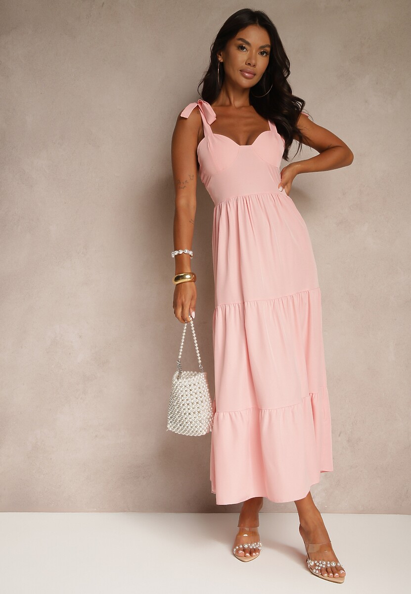 Różowa Sukienka z Wiskozą Falbanami i Wiązaniem Nilarrea