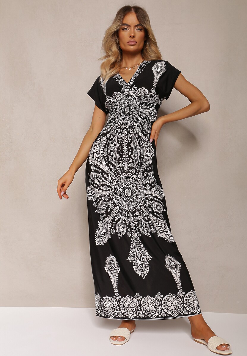 Czarna Letnia Sukienka z Gumką w Pasie Kopertową Górą i Ornamentalnym Printem Avilepea