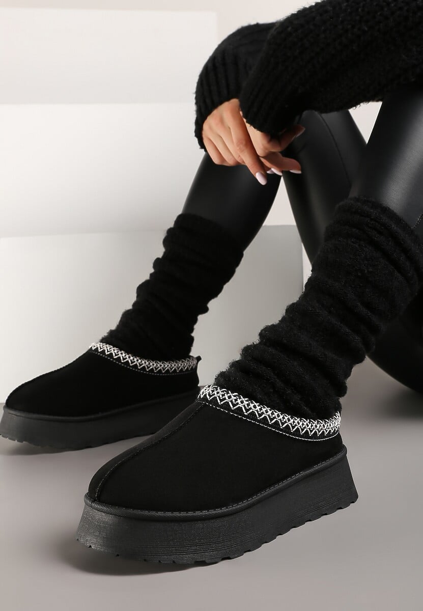 Beżowe Śniegowce z Ekozamszu na Platformie z Niską Cholewką z Ozdobnym Haftem Garvia