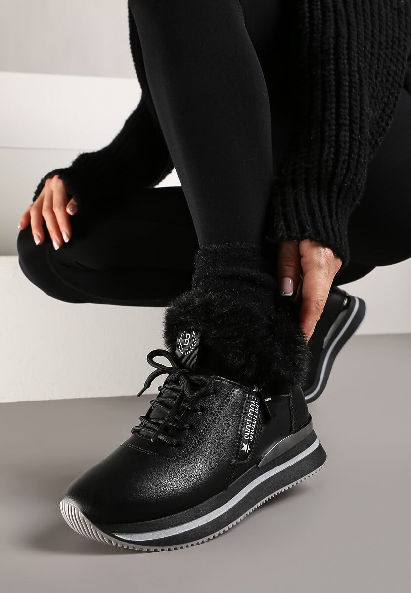 Czarne Sznurowane Botki Sneakersy z Futerkiem Gameda