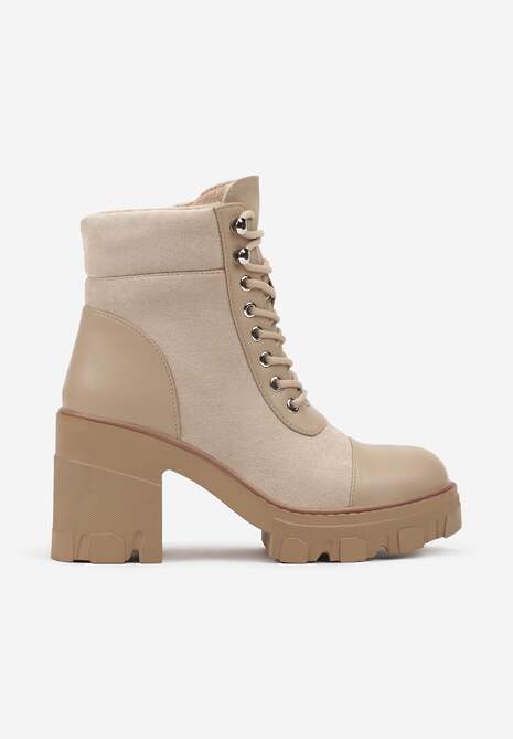 Beżowe Botki na Obcasie z Platformą Ozdobione Wstawkami Ezilda