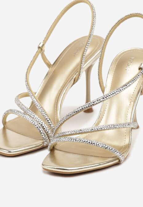 Złote Sandały Vices na Szpilce Ozdobione Paskami z Cyrkoniami Tilarea