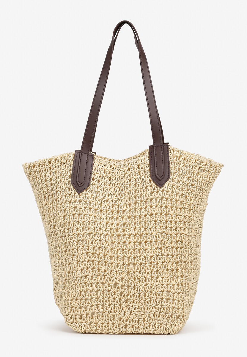 Beżowa Torebka z Plecionki na Długich Rączkach w Typie Worka Tlease