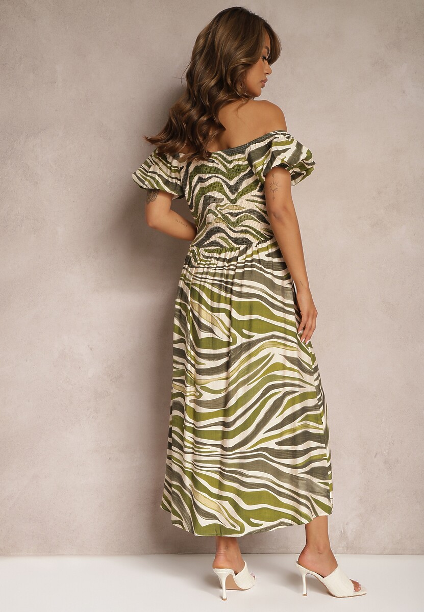 Ciemnozielona Sukienka z Bawełną i Wiskozą Ściągana przy Dekolcie Dimittha