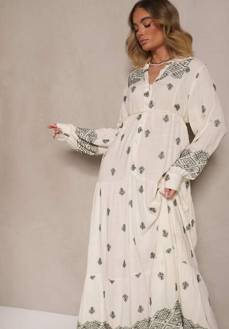 Biało-Zielona Rozkloszowana Sukienka Ozdobiona Haftem i Wzorem Boho Ronavere