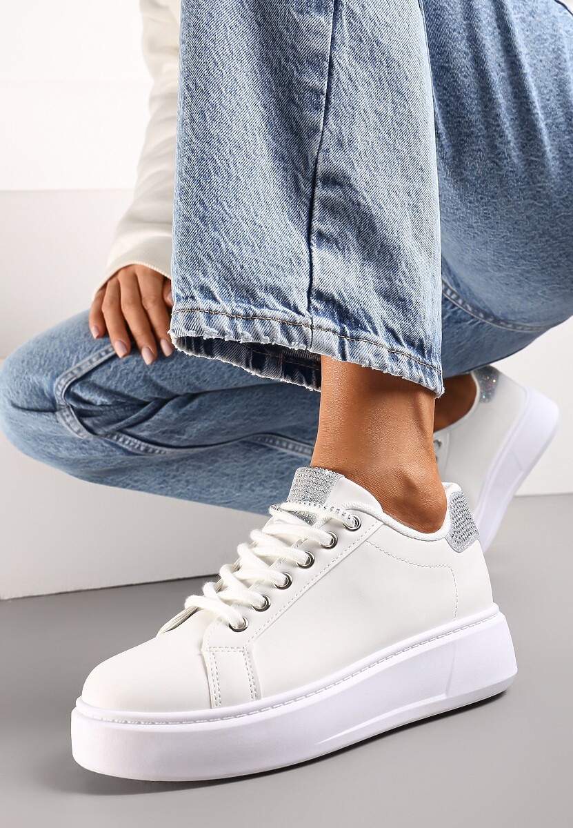 Biało-Srebrne Sneakersy Ozdobione Brokatem i Drobnymi Cyrkoniami Emavia