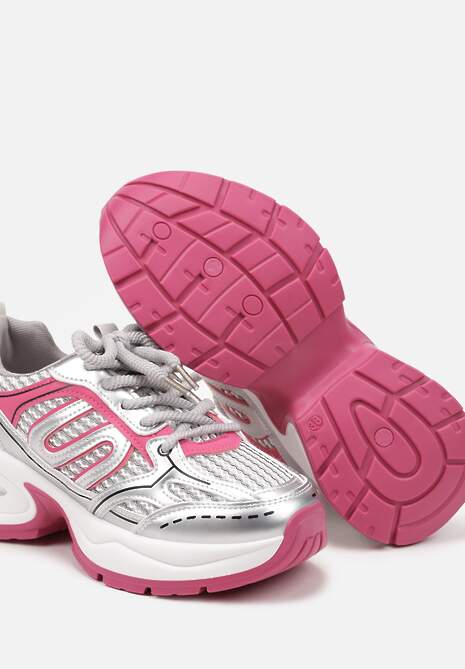 Srebrno-Różowe Sneakersy na Platformie Ozdobionej Tłoczeniem z Geometrycznym Motywem Arivira
