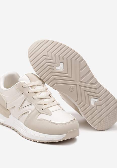 Beżowe Płaskie Sneakersy ze Sznurowaniem z Metalicznymi Wstawkami Remarie