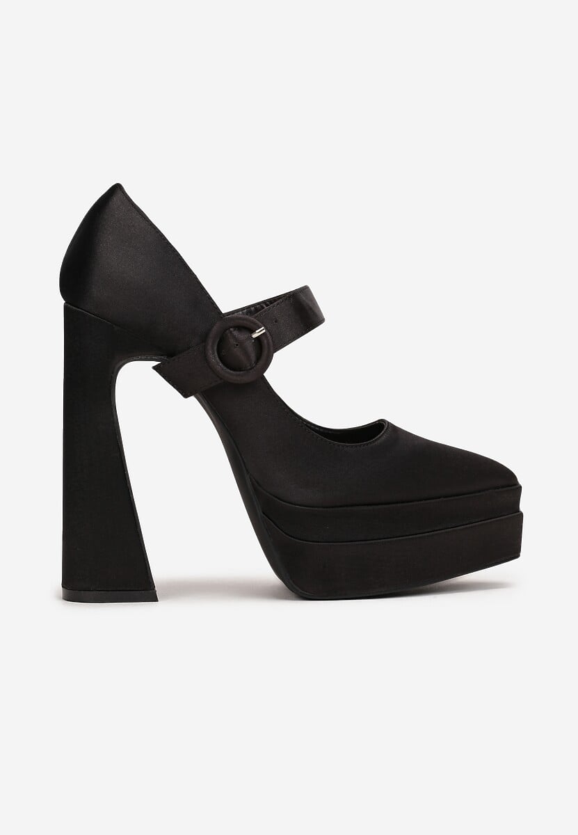 Czarne Czółenka Satynowe na Wysokim Słupku i Platformie Zoyi