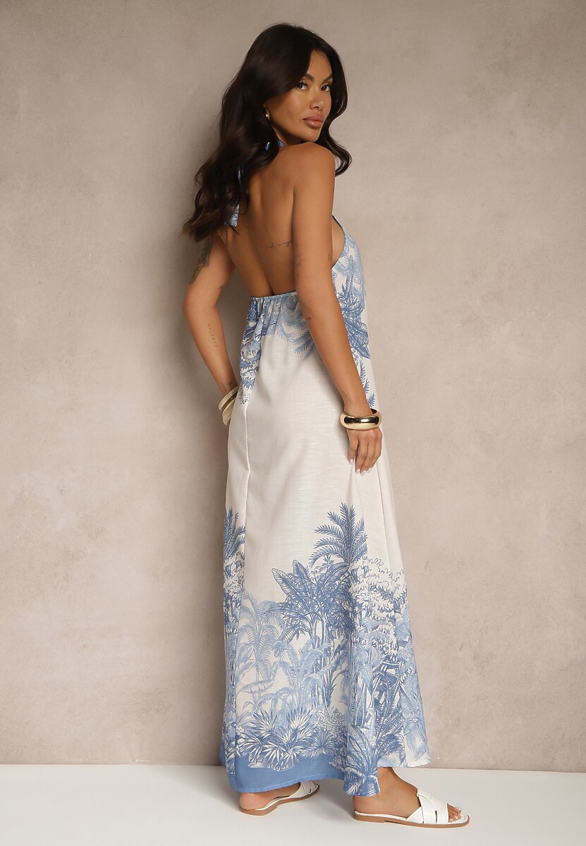 Niebieska Sukienka z Wiskozą Ozdobiona Wiązaniem i Wzorem Palm Folenella