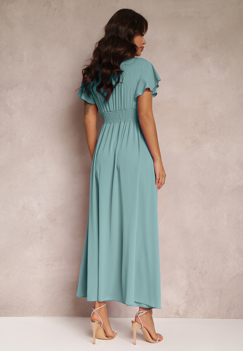 Miętowa Sukienka Rozkloszowana z Rozcięciem i Kopertowym Dekoltem Jozlyn