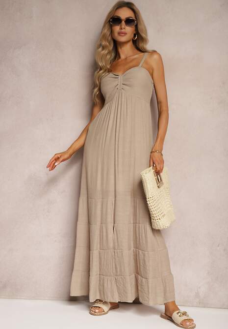 Beżowa Sukienka z Dodatkiem Bawełny na Ramiączkach z Regulacją oraz Gumką z Tyłu Tinanoras