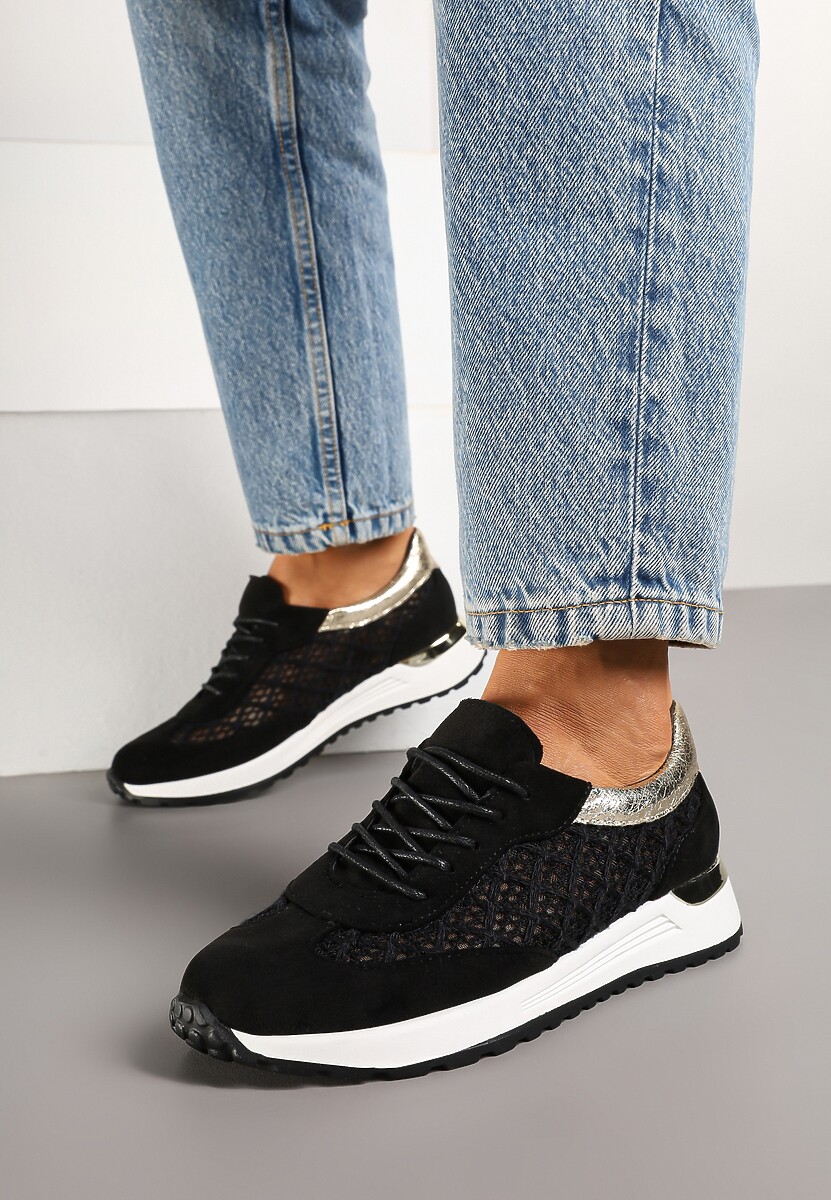 Czarne Ażurowe Sneakersy na Podeszwie z Metaliczną Wstawką Neomira