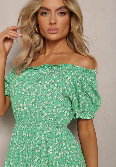 Zielona Wiskozowa Sukienka Midi w Kwiatowy Wzór z Hiszpańskim Dekoltem Agirala