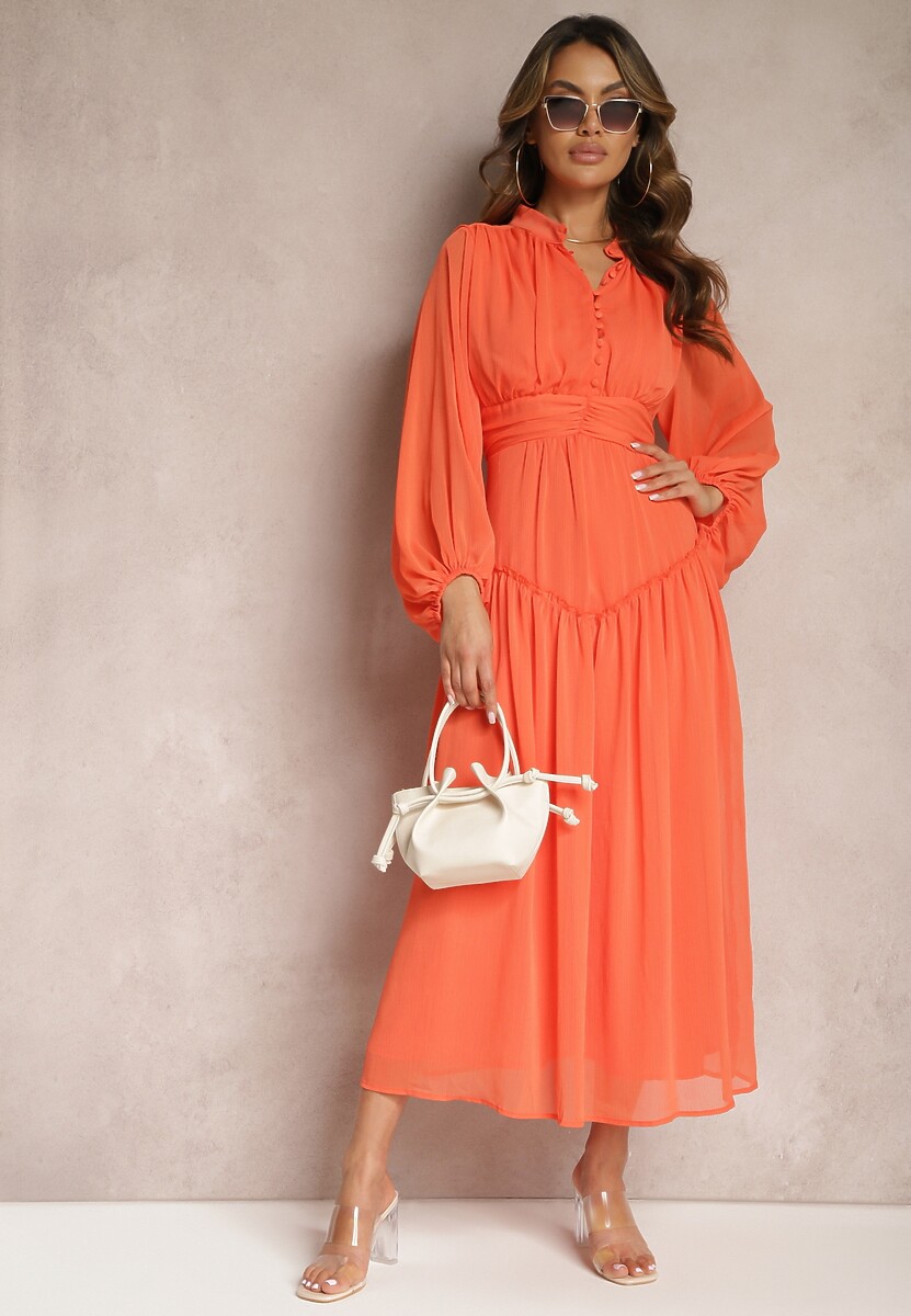 Pomarańczowa Elegancka Sukienka w Stylu Vintage z Powlekanymi Guzikami i Marszczeniami Lefandia