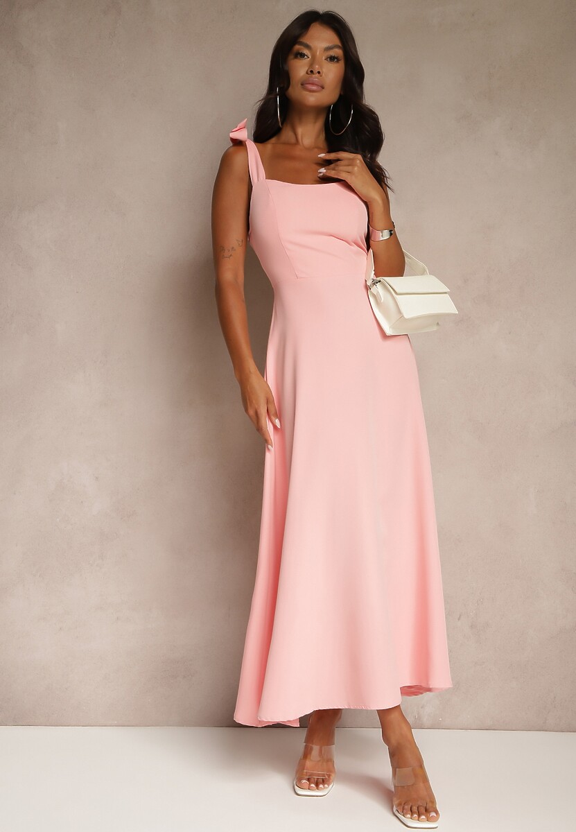 Różowa Sukienka z Wiskozą o Rozkloszowanym Kroju z Wiązaniem Nilafeia