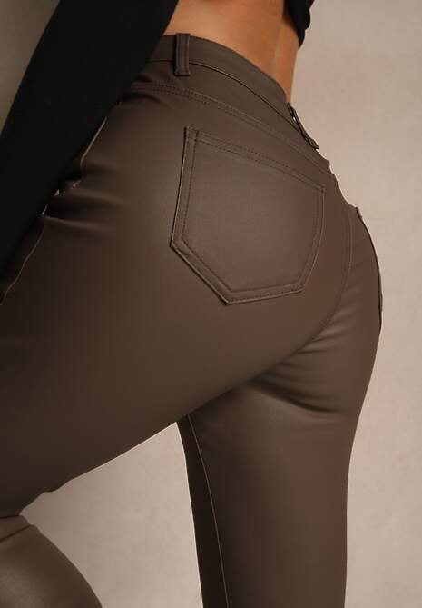 Brązowe Casualowe Spodnie Skinny o Modelującym Fasonie Elovi