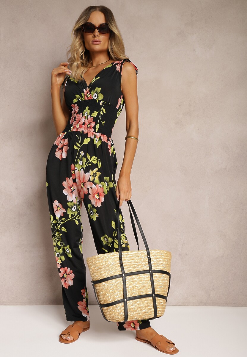 Czarno-Różowy Kombinezon z Ściągaczami na Ramionach w Kwiatowy Wzór Almora