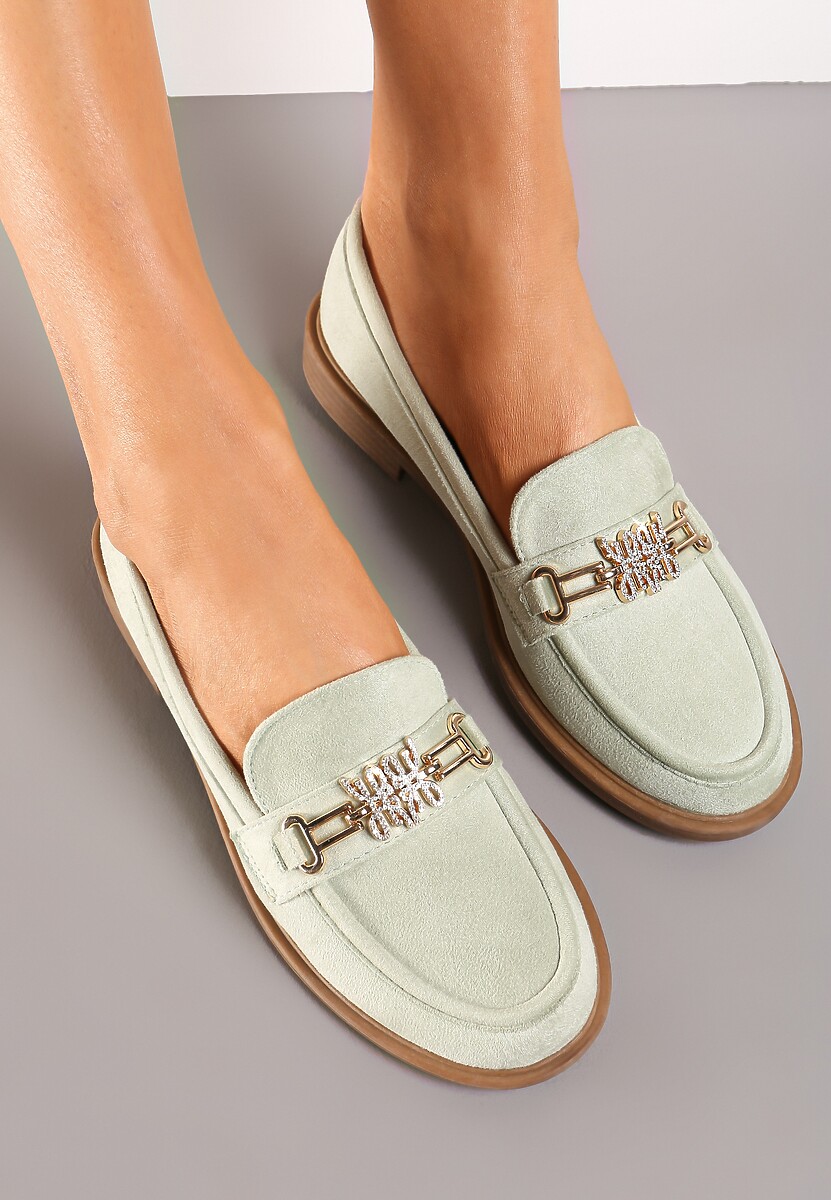Zielone Mokasyny z Imitacji Zamszu Ozdobione Metaliczną Klamrą i Cyrkoniami Leoxa