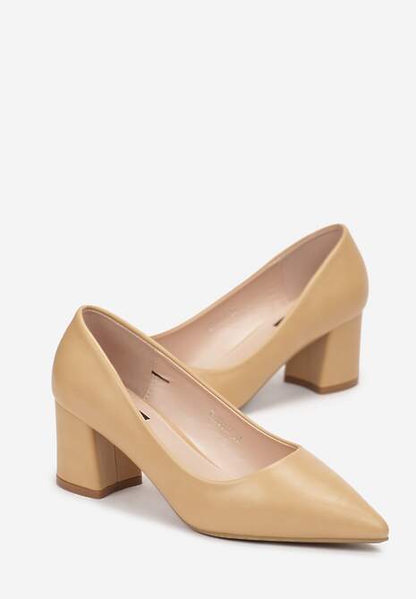 Brązowe Jednolite Czółenka z Imitacji Skóry na Niskim Słupku Drema