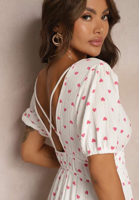 Biała Taliowana Sukienka z Bawełny z Gumką w Talii i Odkrytymi Plecami Wedrea