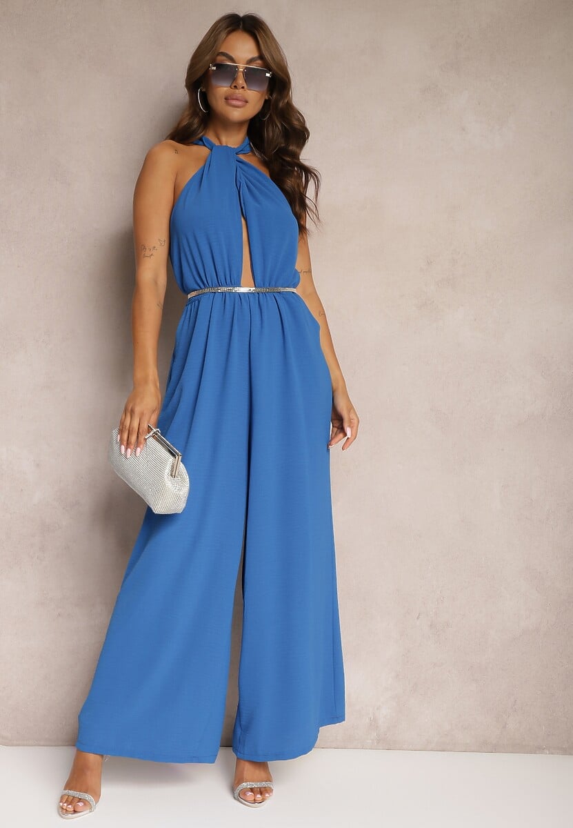 Niebieski Taliowany Kombinezon ze Ściągaczem w Talii i Wiązaniem przy Szyi Rivasiris