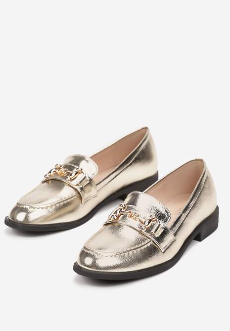 Złote Mokasyny z Cholewką przed Kostkę i Ozdobnym Paskiem Haeven