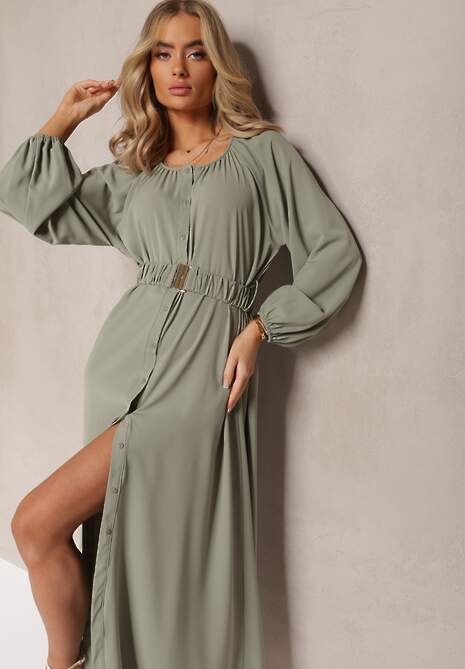 Ciemnozielona Sukienka Maxi o Swobodnym Kroju z Guzikami i Paskiem z Metaliczną Klamrą Ferian