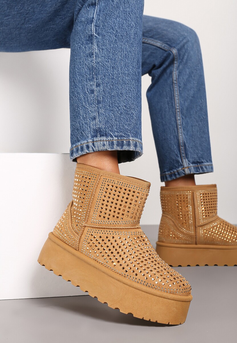 Brązowe Śniegowce na Platformie Ozdobione Cyrkoniami Zindelle