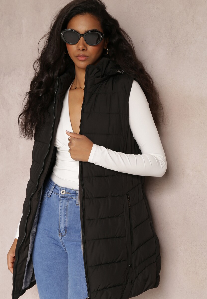 Czarna Kamizelka Długa Pikowana z Kapturem Savisuk