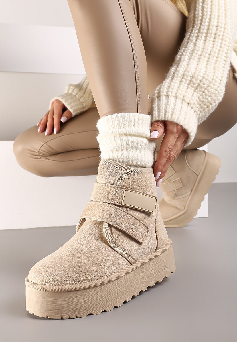 Beżowe Śniegowce na Platformie z Zapięciem na Rzep Tarimelle