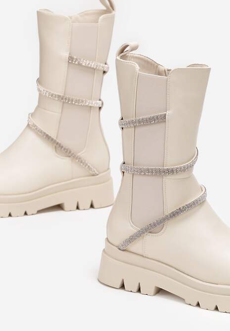 Beżowe Botki Sztyblety do Połowy Łydki  z Ozdobnym Paskiem z Cyrkoniami  Besiva