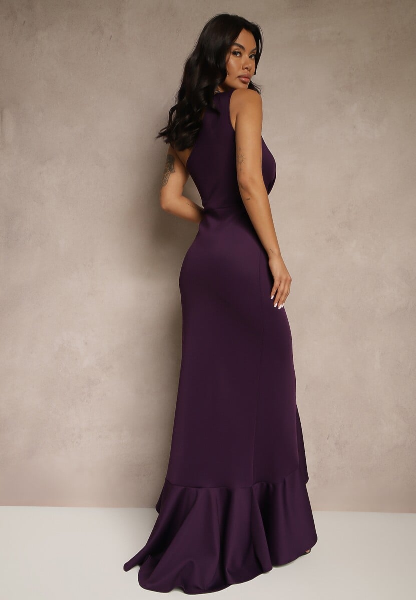 Fioletowa Sukienka na Ramię Ozdobiona Falbaną Lunivaria