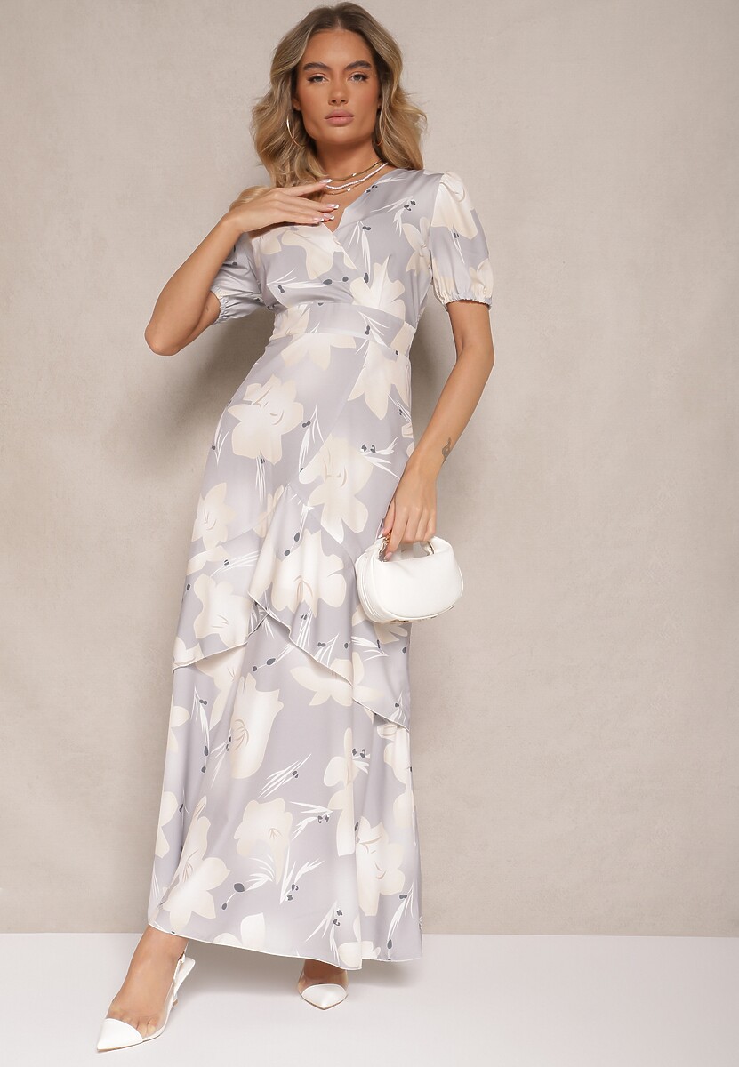 Jasnoszara Kopertowa Sukienka z Kwiatowym Wzorem i Falbanką Tdivona