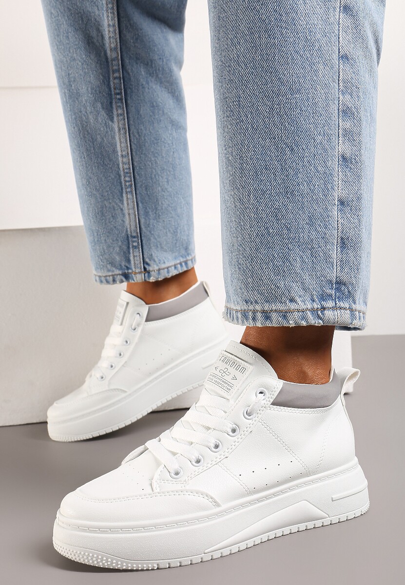 Biało-Szare Sneakersy z Cholewką za Kostkę i Perforacją Alinetapia