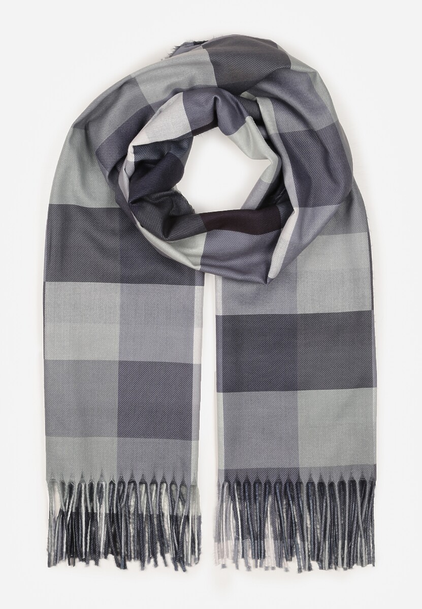 Czarny Wiskozowy Szalik z Frędzlami Zdobiony Wzorem w Kratę Etefera