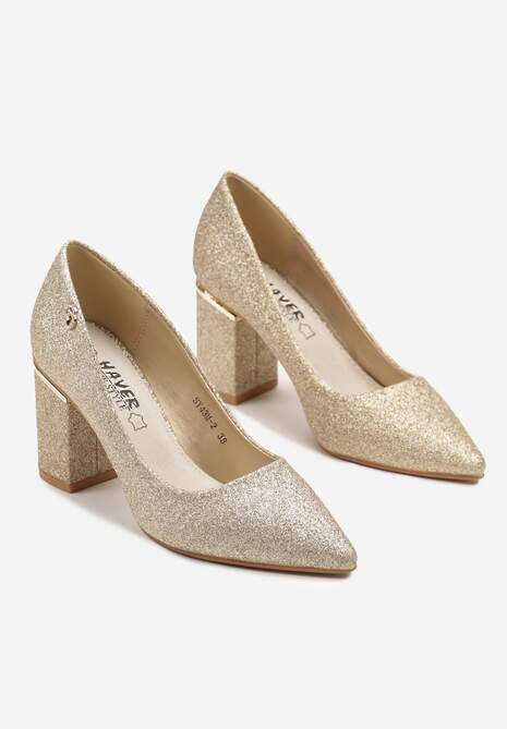 Złote Czółenka na Słupku Zdobione Brokatem ze Skórzaną Wkładką Celanitia