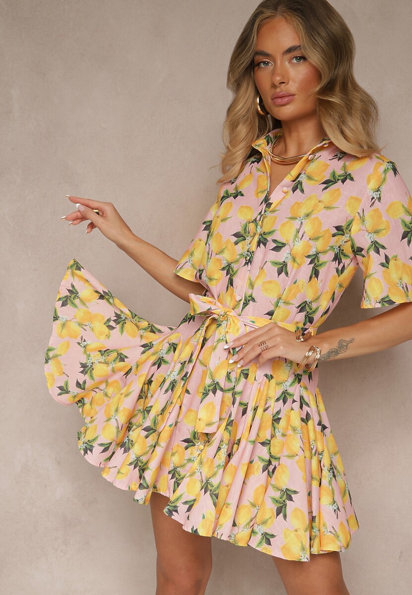 Beżowa Rozkloszowana Sukienka Koszulowa z Wiązanym Paskiem i Krótkim Rękawem Lavialane