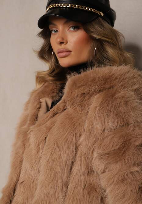 Jasnobrązowa Krótka Kurtka Futerko z Pikowanymi Przeszyciami Kemeriana