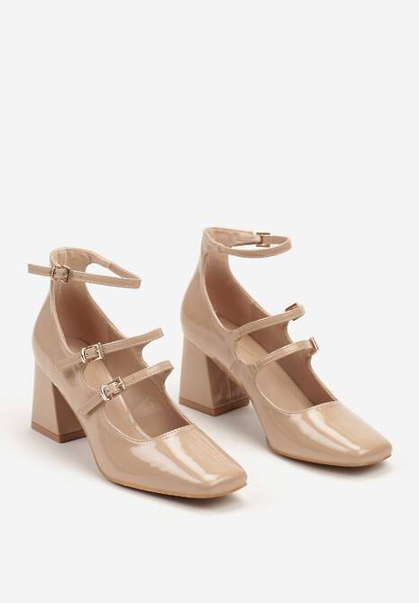 Beżowe Czółenka Lakierowane na Słupku Wykończone Paskami i Sprzączkami Kalivivia
