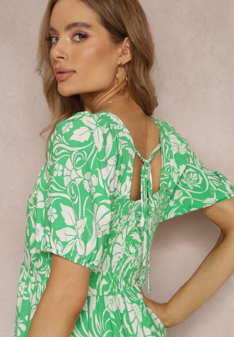 Jasnozielona Taliowana Sukienka Midi z Wiskozy w Kwiaty Alexanita